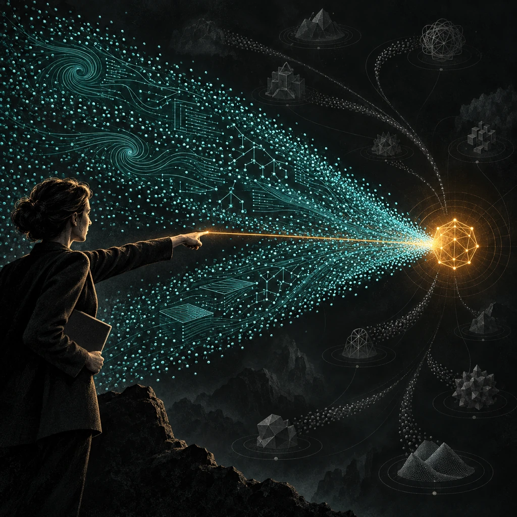 A human directs a concentrated swarm of AI processes toward one selected problem while false paths disappear around it.